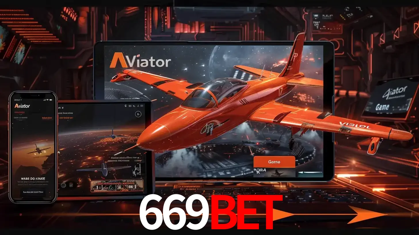 Apresentação tecnológica do jogo Aviator com um avião saindo da tela de um tablet, demonstrando a experiência imersiva em múltiplos dispositivos no 669BET.