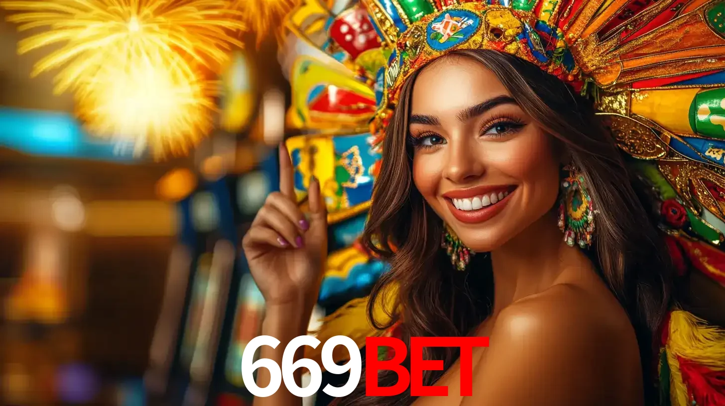 Mulher sorridente com um cocar de carnaval vibrante e colorido, celebrando uma grande vitória nos jogos do cassino 669BET com fogos de artifício ao fundo.