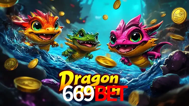 Arte promocional do jogo Dragon Hatch com três adoráveis dragões bebês nadando entre moedas de ouro, um dos slots mais divertidos para jogar no cassino 669BET.