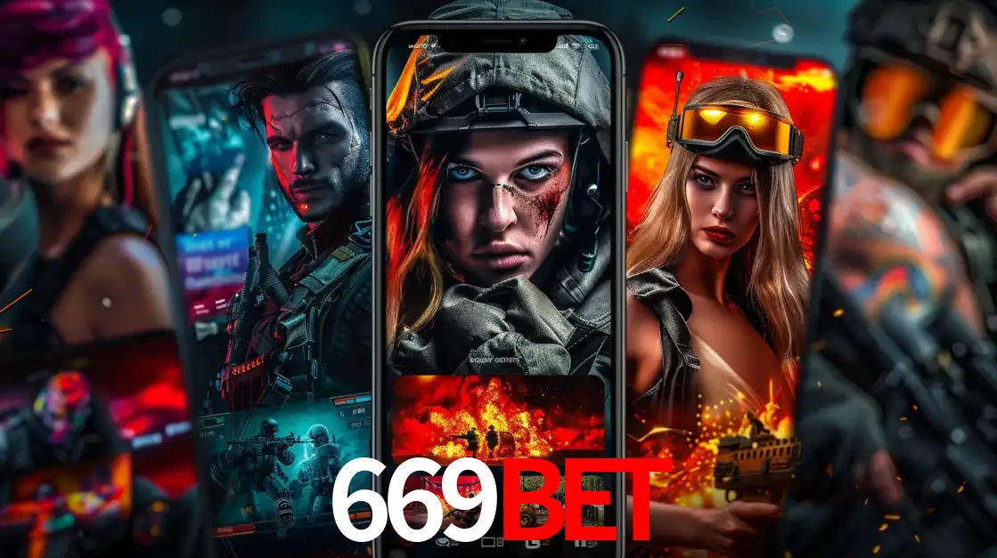 Montagem de telas de celular mostrando diversos personagens, masculinos e femininos, de um jogo de tiro, ilustrando a diversidade de equipes de e-sports para apostar no 669BET.