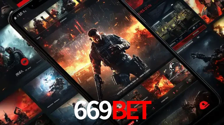 Tela de um celular exibindo uma galeria de jogos de tiro com temática militar, mostrando a variedade de e-sports disponíveis para apostas na plataforma de entretenimento 669BET.