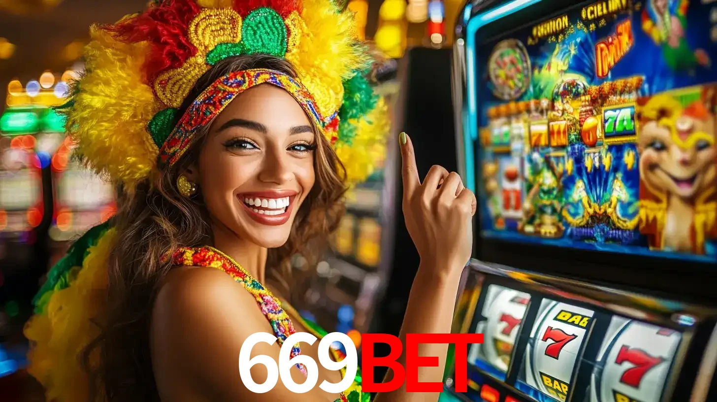 Mulher animada com um cocar de carnaval apontando para uma máquina de caça-níqueis, mostrando a emoção de ganhar um grande prêmio nos jogos do 669BET.