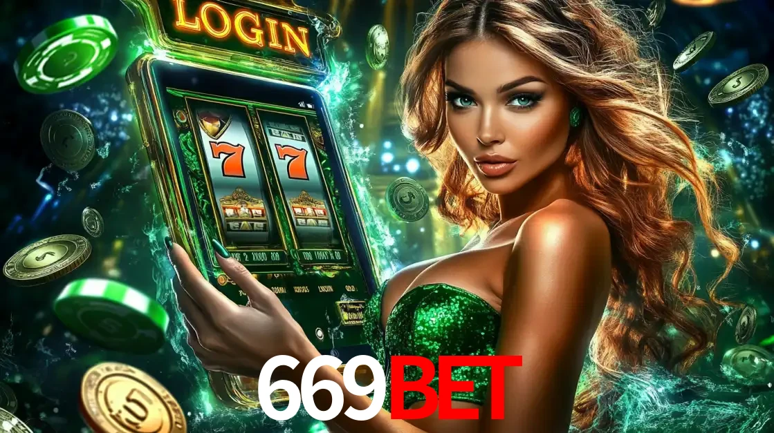 Mulher com tema verde apresentando o aplicativo do cassino 669BET com um jogo de slot de 777, cercada por fichas de cassino e uma aura de sorte.