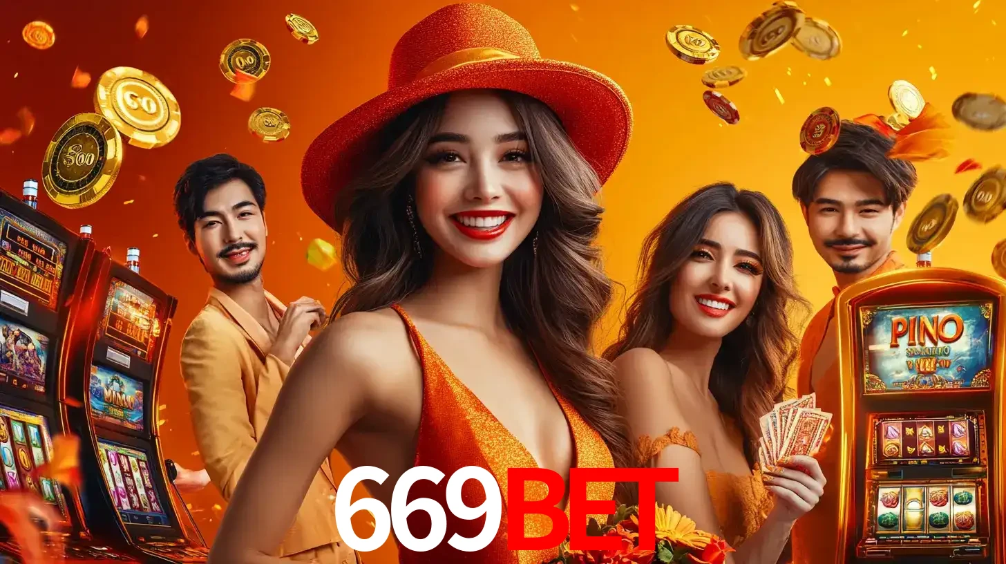 Grupo de amigos asiáticos sorrindo e se divertindo com máquinas de caça-níqueis em um ambiente festivo, celebrando suas vitórias nos jogos de cassino do 669BET.