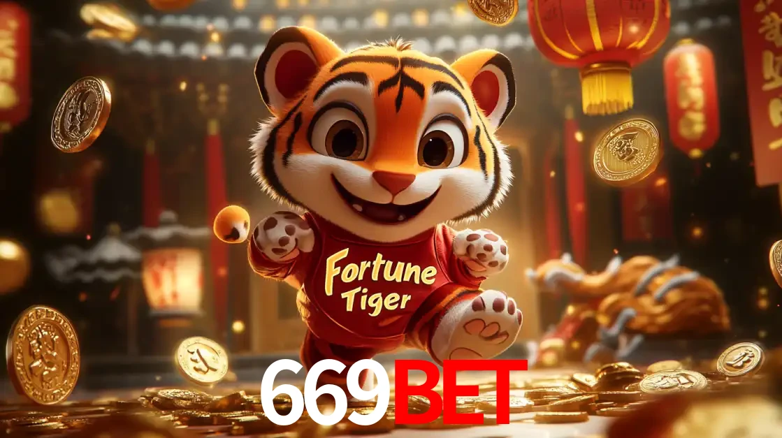O alegre personagem do Fortune Tiger correndo sobre um caminho de moedas de ouro, simbolizando os grandes prêmios e a diversão do popular jogo de slot do 669BET.