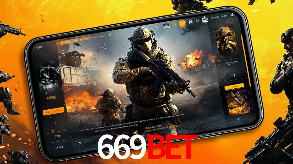 Um smartphone exibindo a interface de um jogo de tiro em primeira pessoa, com um soldado em um cenário de batalha, representando a ação dos e-sports para apostar no 669BET.