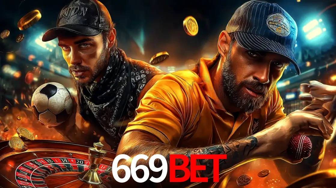 Montagem de apostas esportivas e cassino no 669BET, com um homem segurando uma bola de futebol e outro uma de beisebol sobre uma roleta e moedas voadoras.