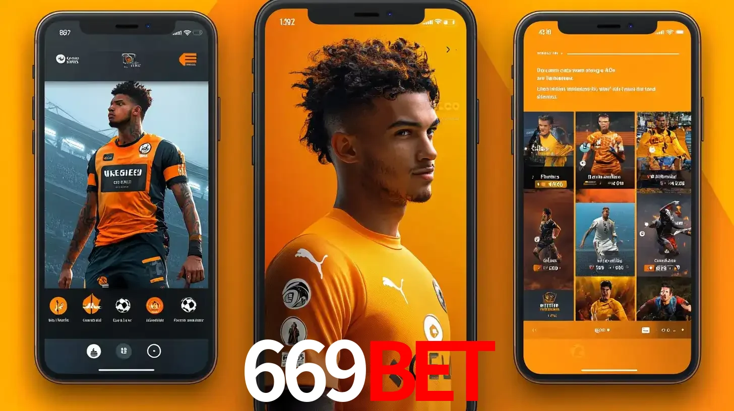 Interface do aplicativo de apostas esportivas 669BET em três telas de celular, mostrando o perfil de um jogador de futebol e a lista de jogos disponíveis para apostar.