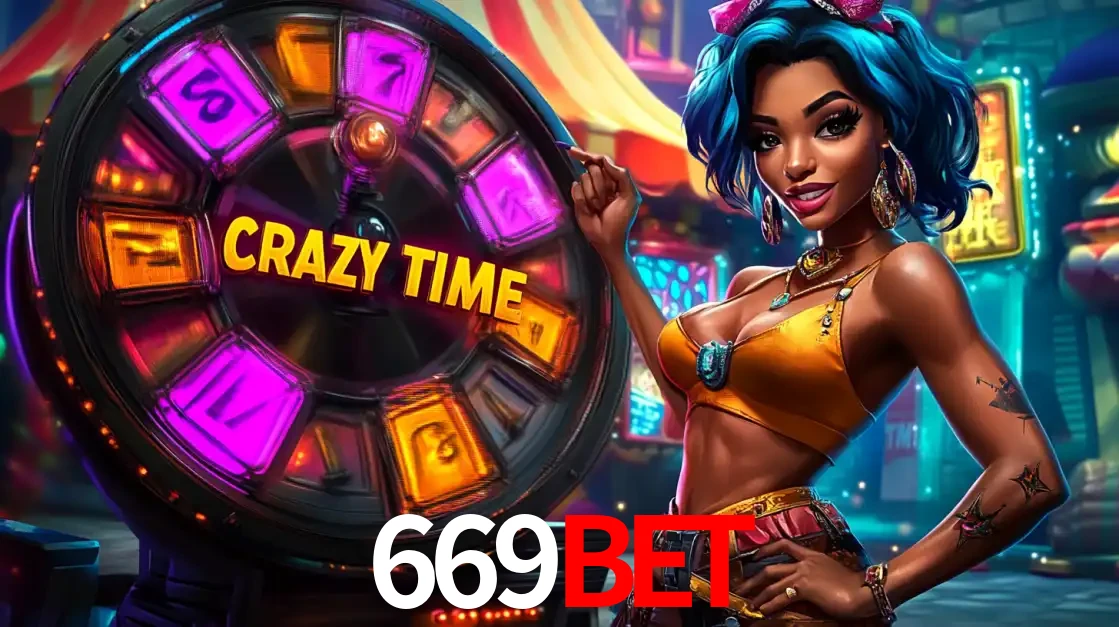 Mulher estilizada com cabelo azul e visual vibrante posando ao lado da roda de prêmios do game show Crazy Time, convidando para a diversão e os bônus do cassino 669BET.