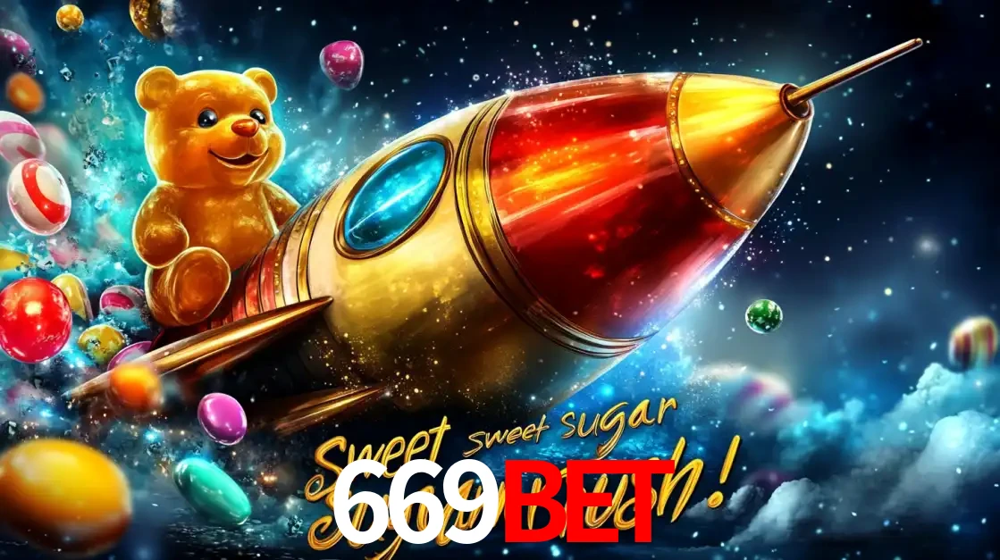 Arte promocional do jogo de slot Sugar Rush, com um urso de pelúcia em um foguete viajando pelo espaço de doces, um dos jogos divertidos disponíveis no cassino 669BET.