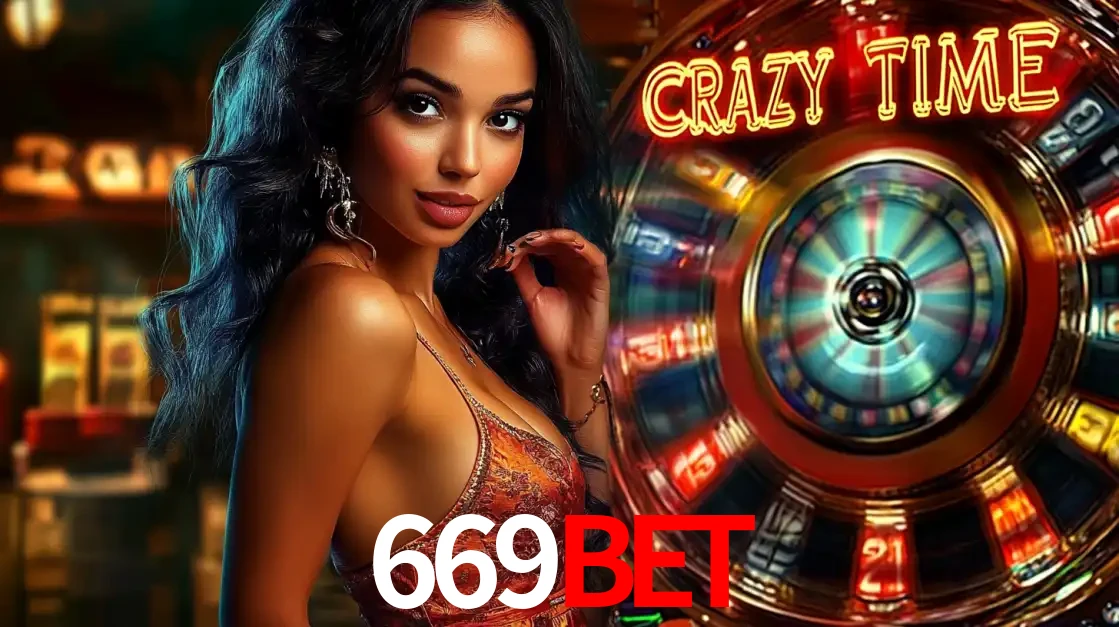 Mulher elegante ao lado da vibrante roda da fortuna do jogo de cassino ao vivo Crazy Time, um dos game shows mais populares e cheios de prêmios do 669BET.