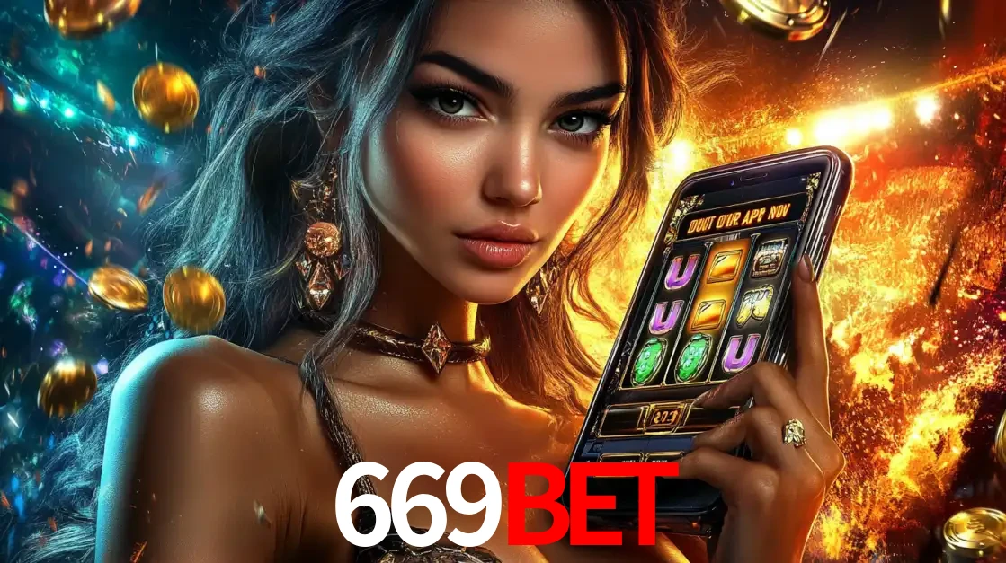 Mulher elegante mostrando um jogo de caça-níqueis em seu smartphone, destacando a experiência de cassino móvel oferecida pelo aplicativo 669BET.