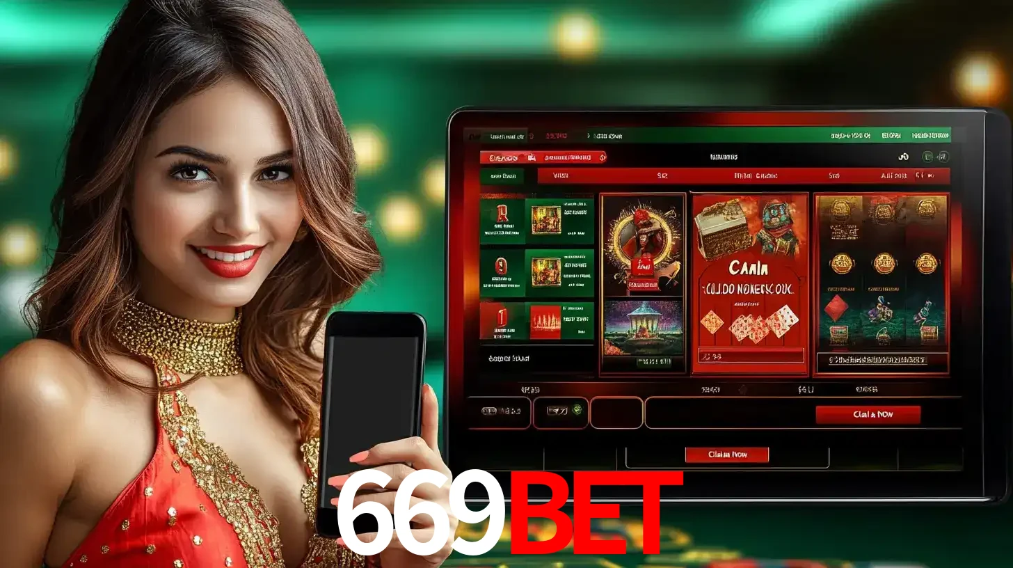 Mulher sorridente segurando um smartphone, ao lado de uma tela exibindo o lobby de jogos do cassino online 669BET, com várias opções de jogos de cartas e slots.
